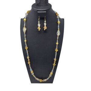 Vintage Princess Necklace Dangle Pierced Earring Set Faux Gold Nugget‎ AB Beads